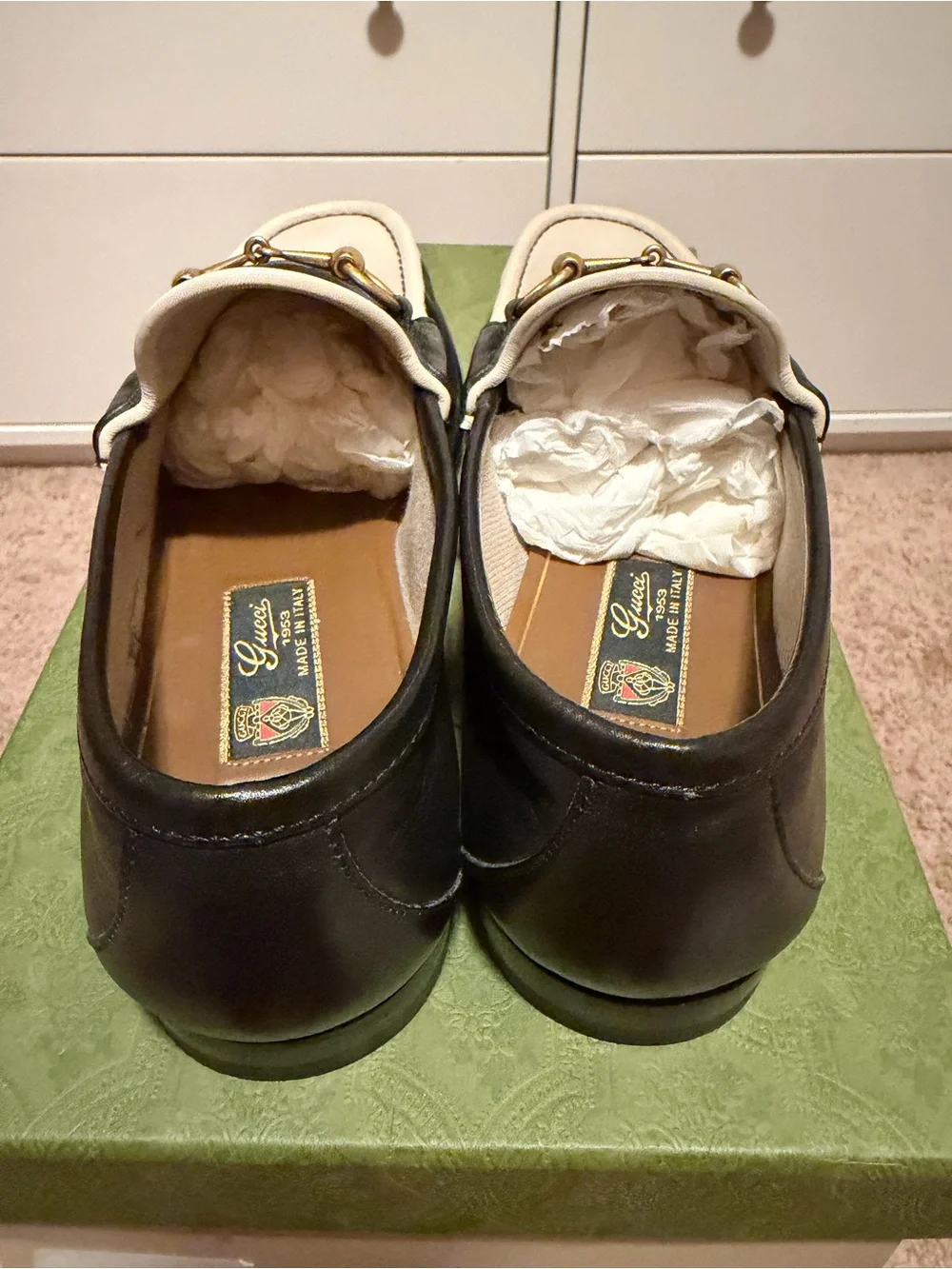 Gucci Two-Tone White & Black Leather Horsebit Loafers